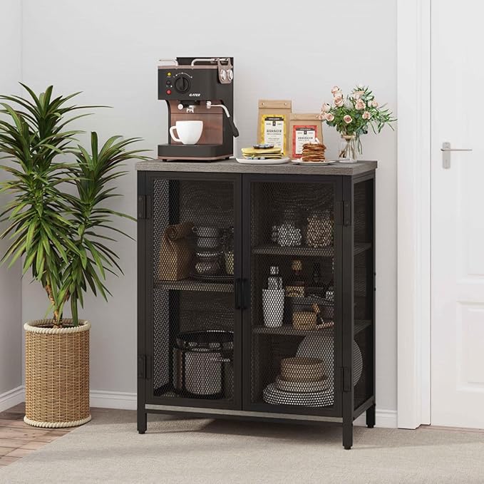 BON AUGURE Small Coffee Bar Cabinet for Liquor, Farmhouse Storage Cabinet with Doors, Wood Sideboard Buffet Cabinets for Home Kitchen, Dining Room, Living Room (Dark Grey Oak)