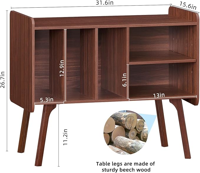 Lerliuo Record Player Stand with 4 Cabinet Holds Up to 220 Albums, Large Turntable Stand with Beech Wood Legs, Mid-Century Record Player Table,Walnut Vinyl Holder Storage Shelf for Bedroom Living Room