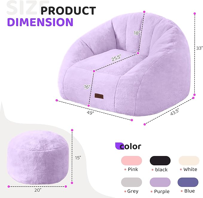 HABUTWAY Bean Bag Chair, Giant Bean Bag Chairs for Adults with Ottoman, Comfy Faux Fur Shell-Shaped Bean Bag Couch, Sofa Chair for Living Room, Bedroom, Purple