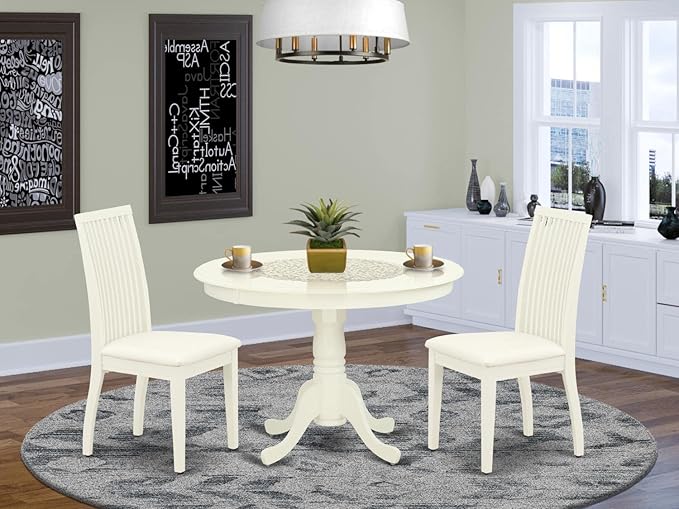 East West Furniture HLIP3-LWH-C 3 Piece Modern Dining Table Set Contains a Round Wooden Table with Pedestal and 2 Linen Fabric Upholstered Dining Chairs, 42x42 Inch, Linen White