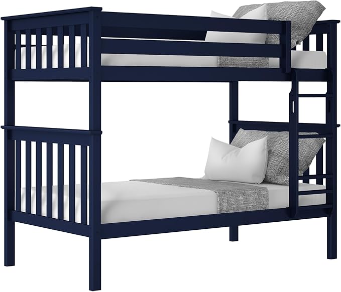 Max & Lily Bunk Bed Twin over Twin, Solid Wood Bunk Bed Frame with Ladder for Kids, 14" Safety Guardrails, Easy Assembly, No Box Spring Needed, Blue