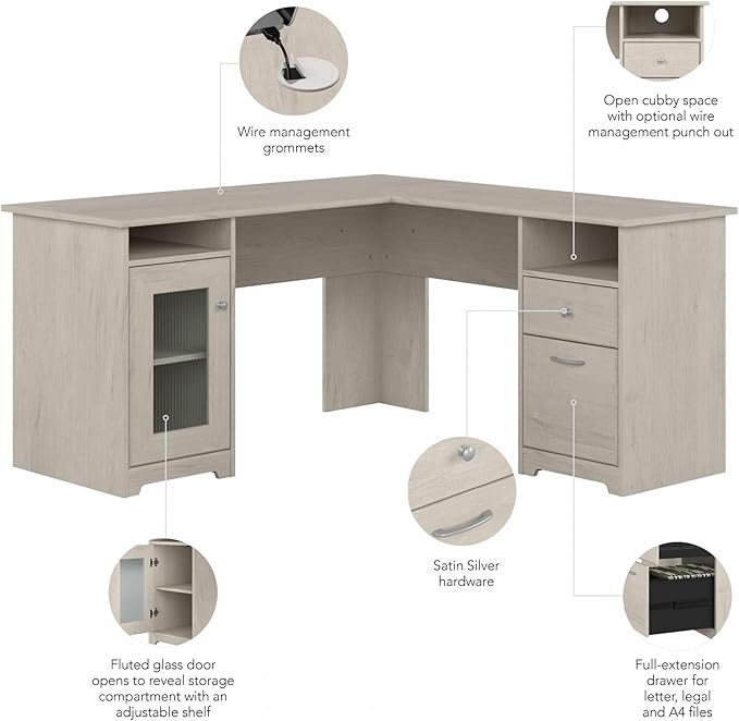 Bush Furniture Cabot 60W L Shaped Computer Desk in Linen White Oak