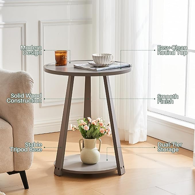 Round Solid Wood Side Table - Small Round Wooden End Table, Modern Living Room Beside Side Tables with Shelf for Couch Sofa Bedroom, Gray, 19.6 in x 19.6 in x 23.6 in