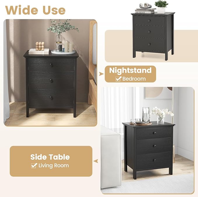 KOMFOTT 3 Drawers Nightstand, Wooden Bedside Table, Modern Sofa Side End Table, Space-Saving Telephone Table, Chest of Drawers for Living Room, Bedroom & Office (1, Black)