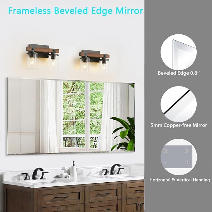 Frameless Beveled Edge Bathroom Mirror 55x30 Inch Rectangle Wall Mirror Explosion Proof and Shatterproof Bathroom Vanity Mirror Wall Mounted Hang Firmly (Horizontal or Vertical)