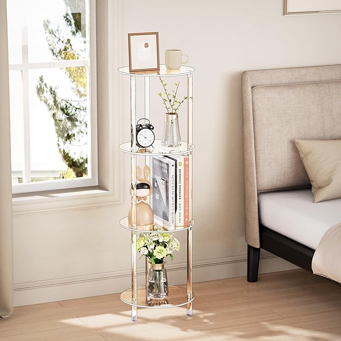 Clear Round Acrylic Side Table for Small Spaces, 11.81" L x 11.81" W x 38.7" H, 4 Tier Small Modern Drink End Table Nightstand, Minimalist Bedside Table for Living Room, Bedroom, Bathroom