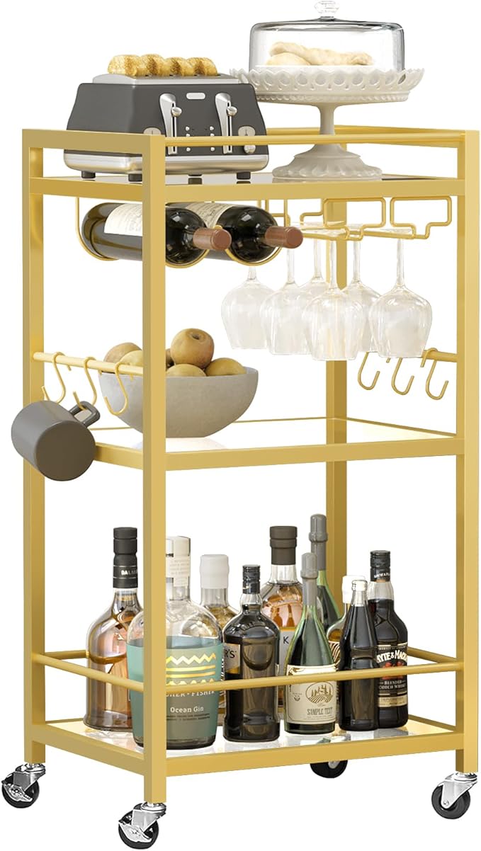 TUTOTAK Bar Cart, Home Bar Serving Cart with 3-Tier Mirrored Shelf, Drink Cart, Mobile Kitchen Shelf with Wine Rack, Gold BC01BB033