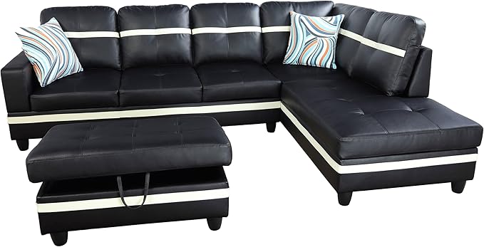 NicBex Sectional Couch 3 Pieces Sofa Set with Left Chaise PU Synthetic Leather L Shaped Cloud Couch for Living Room Furniture Sets with Storage Ottoman, Modular Sofa for Apartment, Black+White