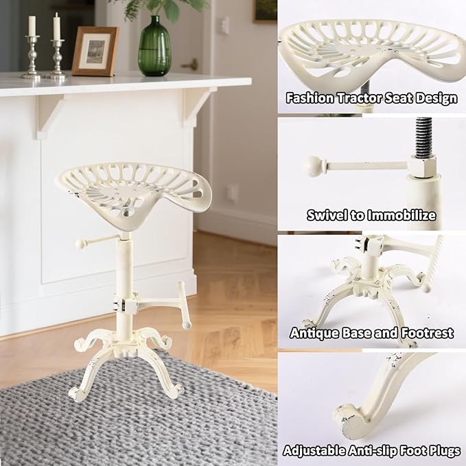 LOKKHAN Adjustable Rustic Industrial Bar Stool - Cast Iron Tractor Seat Swivel Stool - Farmhouse Metal Breakfast Bar Stool - Counter Height 19.7" to 26.8" - Perfect for Kitchen, Dining, and Pub Use