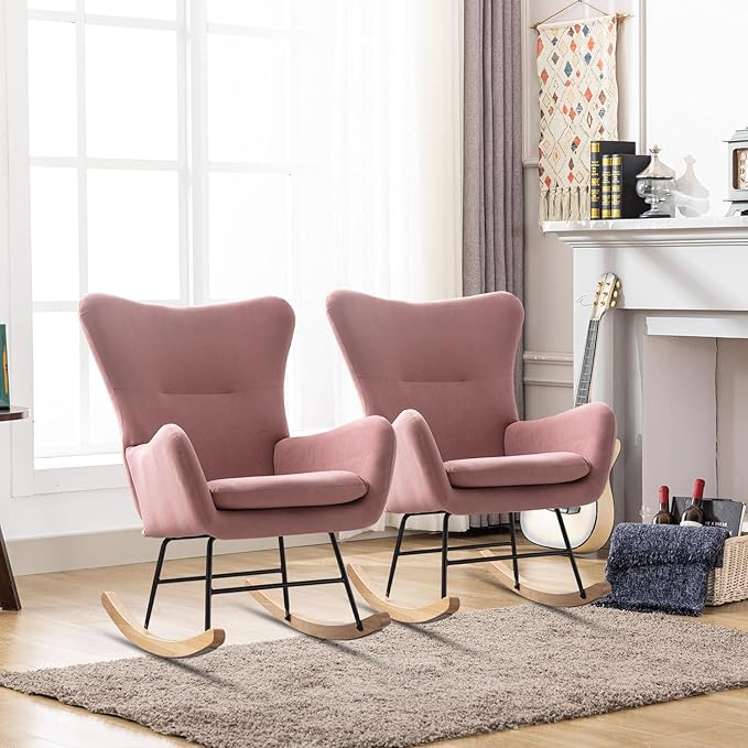 Phoenix Home Rocking Chair Nursery Velvet Upholstered Glider Rocker Rocking Accent Chair Padded Seat with High Backrest Armchair Comfy Side Chair for Living Room Bedroom Offices, Pink