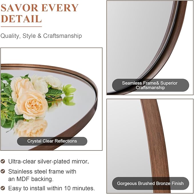 ANDY STAR Bronze 22x30 Oval Bathroom Mirror, Sturdy Stainless Steel Frame, Anti-Scratch Glass, Modern Brushed Bronze Finish, Easy Wall Mount