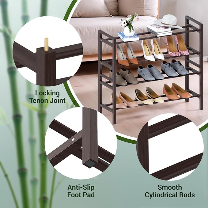 Haddockway Bamboo Shoe Rack for Closet, Free Standing Shoe Organizer with Smooth Round Rods & Convenient Handles, Stackable Shoe Storage Shelf for Entryway, Hallway(Brown, 4-Tier)
