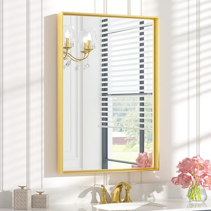 Keonjinn 24 x 36 Inch Brushed Gold Bathroom Mirror Gold Wall Mounted Vanity Mirror Metal Framed Rectangular Mirror for Bathroom Gold Rectangle Mirror with Aluminum Alloy Frame(Horizontal/Vertical)
