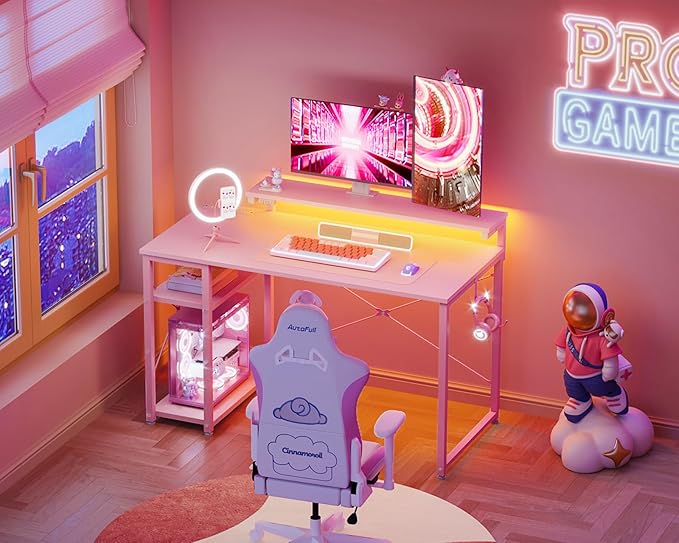 MOTPK 40 Inch Small Gaming Desk with Storage & Led Lights, Computer Desk with Power Outlet & Shelf, Reversible Gamer Desk with Adjustable Monitor Stand, Carbon Fiber Texture Pink