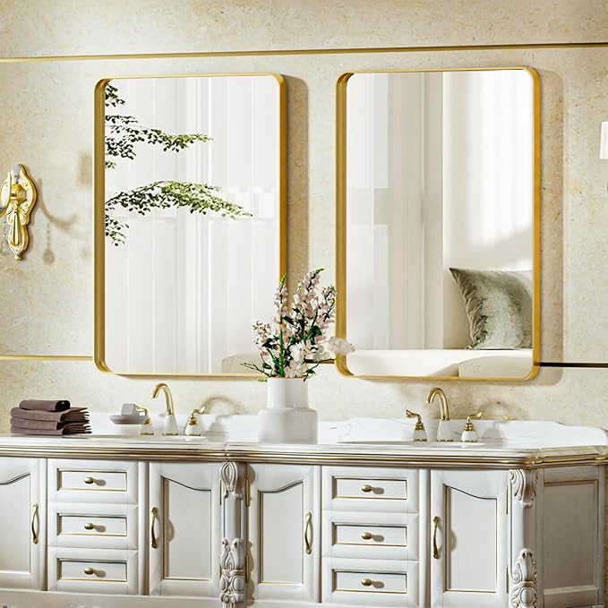 Bathroom Mirror 24x32 inch, Gold Gorgeous Deep Frame Wall Mirror, Modern Round Corner Bathroom Vanity Mirror for Bedroom, Living Room, Hanging or Leaning Horizontal or Vertical, Gold