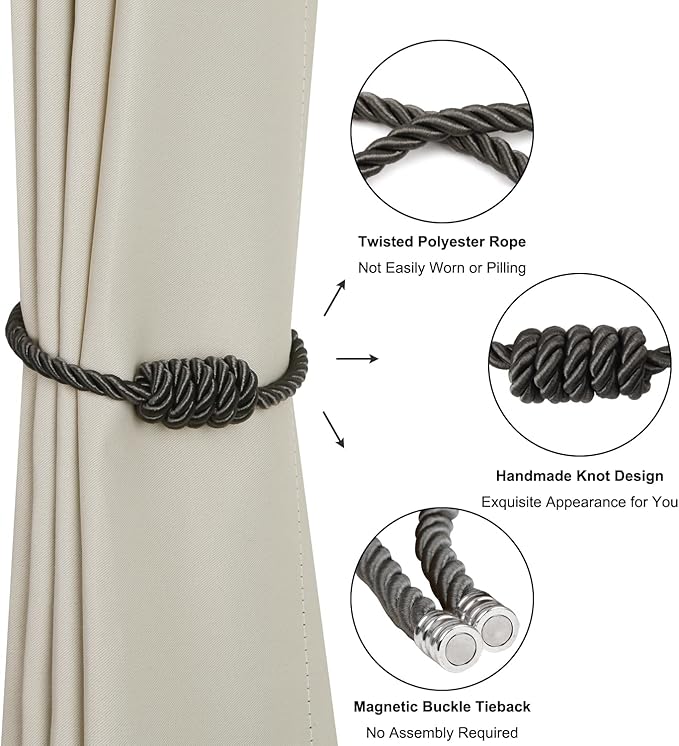 BEL AVENIR Magnetic Curtain Tiebacks, Decorative Drapery Holdbacks Modern Woven Tie-Backs with Exquisite Knot (Charcoal, 2 Pack)