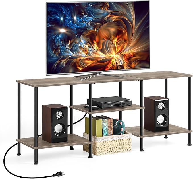 BTY Farmhouse TV Stand with Storage Industrial TV Console with Power Outlet, 45 Inch Wooden TV Entertainment Cente for Living Room, Bedroom, Small Space, Grey