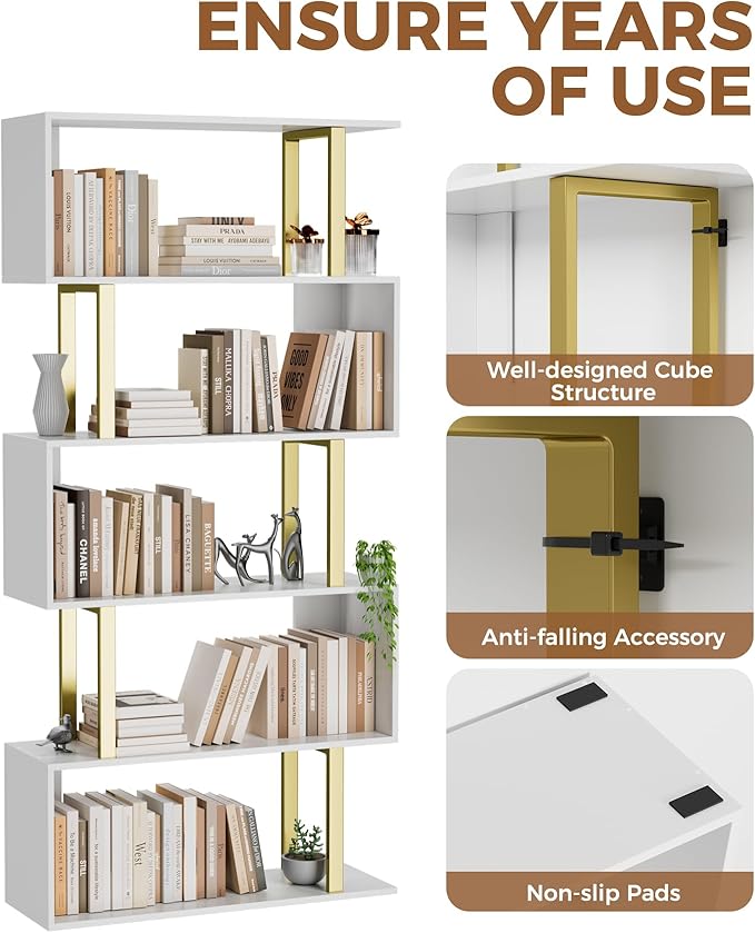 Gadroad 5 Tier Geometric Bookcase,S Shaped Bookshelf, Wood Decorative Storage Shelving, Modern Freestanding Display Shelves, Tall Book Shelf Unit for Living Room Bedroom, Gold