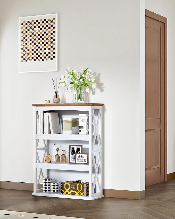 4-Tier Bookcase, 42.9" Floor Standing Organizer Shelf, Corner Book Stand, Metal Frame, for Study, Bedroom, Living Room, White and Walnut TSJ01WL