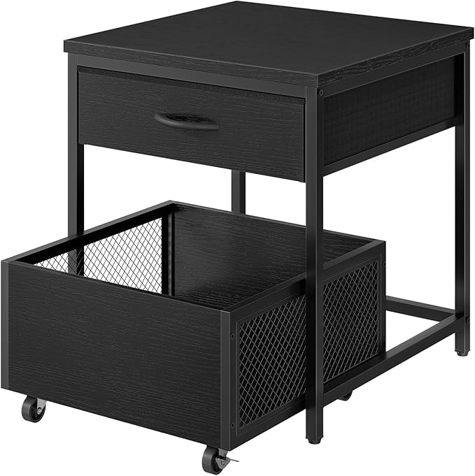 End Table, 19.7 Inch Square Side Table, Mini Fridge Stand with Storage, Nightstand with Mobile Basket Cart, for Living Room, Bedroom, Black TBZ55BB