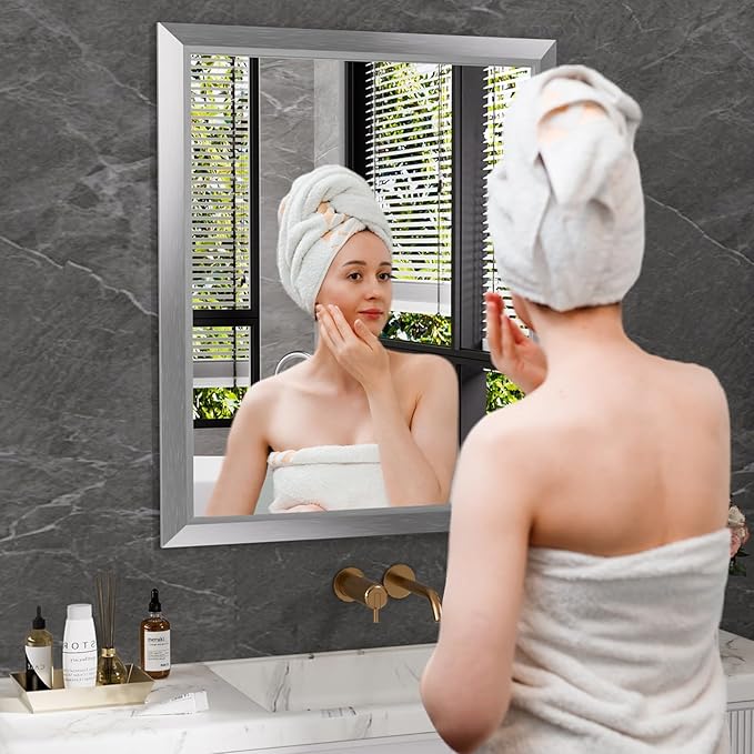 Amorho 24x30 Inch Bathroom Mirror Silver, Thick Metal Framed Wall Mirrors for Over Sink, Brushed Nickel Mirror Perfect for Bedroom, Living Room, Entryway, Rectangle (Horizontal/Vertical).