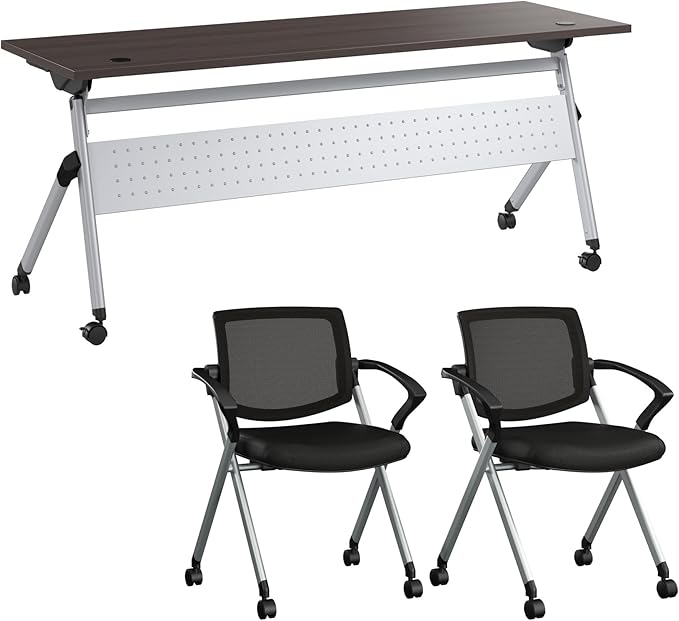 Bush Business Furniture Folding Training Table Set for 2, 72 inch, 2 Mesh Back Folding Chairs with Arms, Commercial-Grade Bundle for Office or Classroom, Envision Collection, Gray