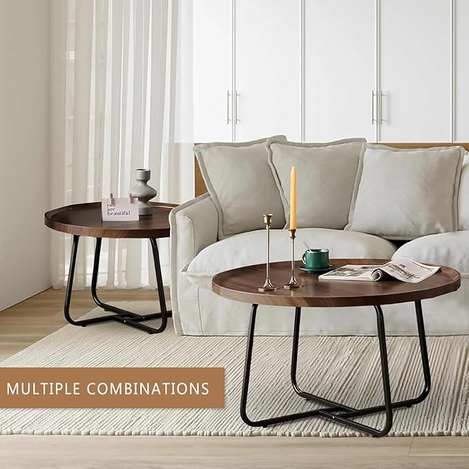 Round Nesting Coffee Table Set of 2, 28" Round Walnut with Fluted,Mid Century Modern,Center for Living Room Bedroom Office Balcony Yard
