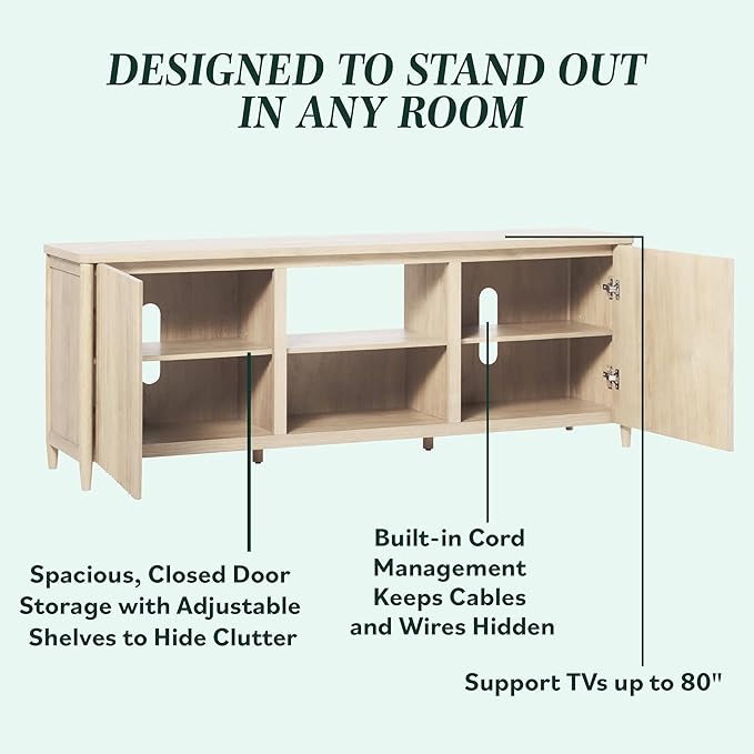 Walker Edison Scandinavian Reeded TV Stand with Open Storage for up to 80" TV Coastal Oak