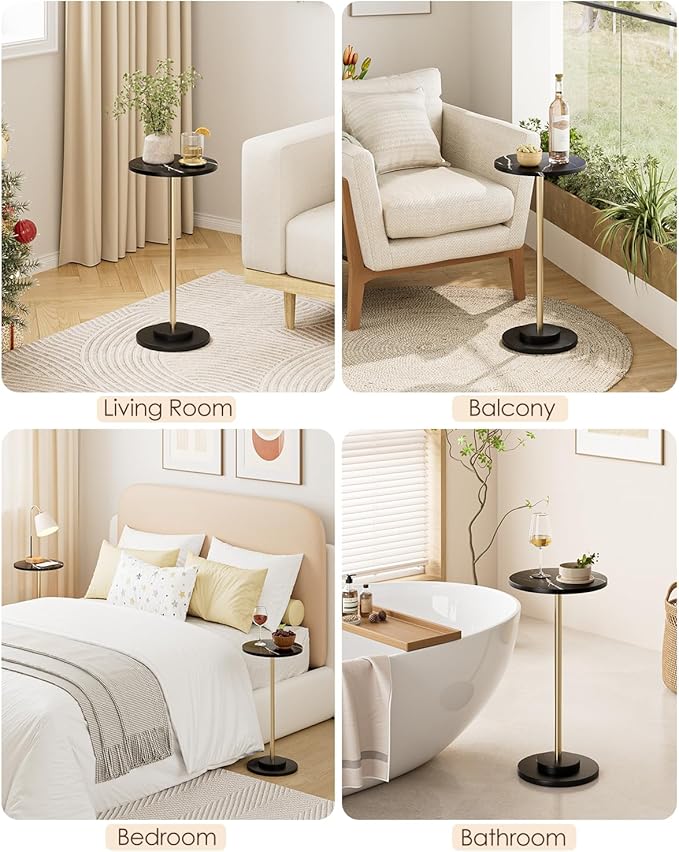 Round Side Table, Small Drink Table for Small Spaces, Modern Accent End Table Coffee Table with Metal Leg for Living Room, Bedroom, Corners, and Office (Black Marble)