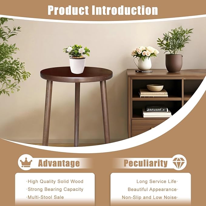 Walnut Side Table, Round End Table, Solid Rubberwood Small Accent Table, Drink Table with 3 Legs for Living Room, Bedroom, Balcony, and Small Spaces