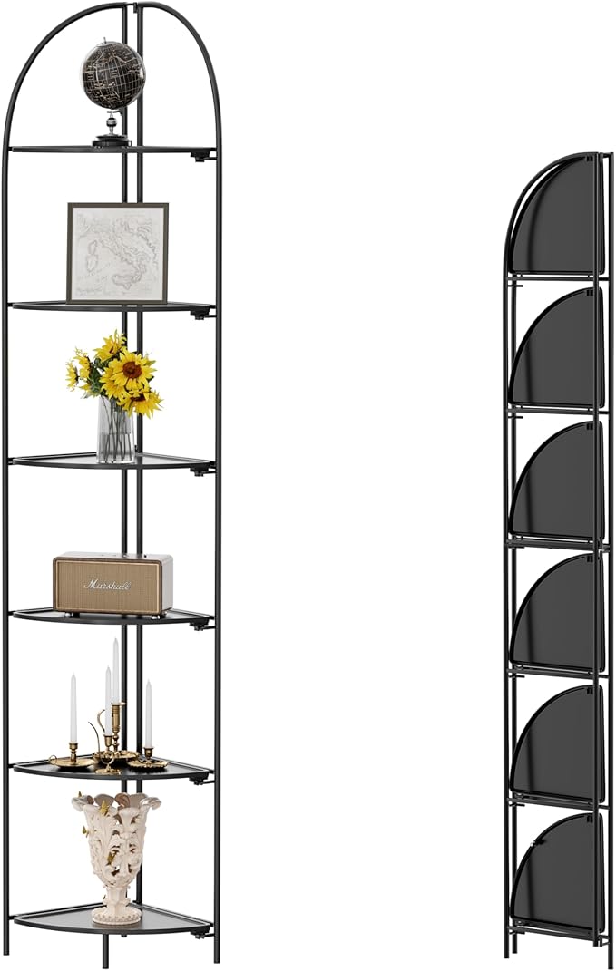 Crofy Foldable 6 Tier Corner Shelf, Metal Corner Plant Stand with Black Frame and Black Shelves, Corner Display Rack Multipurpose Shelving Unit for Living Room, Bedroom, Bathroom