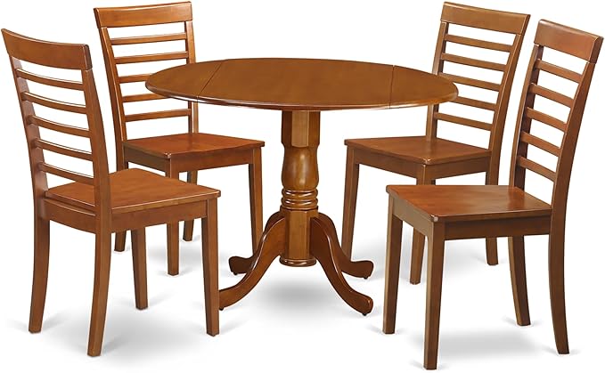 East West Furniture DLML5-SBR-W 5 Piece Kitchen Table & Chairs Set Includes a Round Dining Table with Dropleaf and 4 Dining Room Chairs, 42x42 Inch, Saddle Brown
