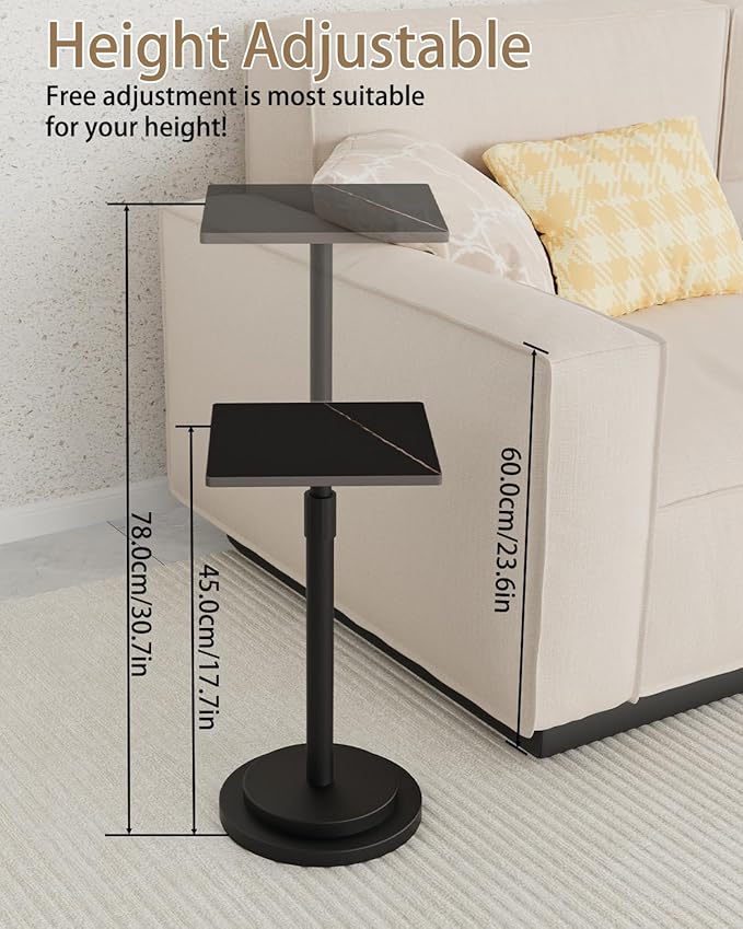 Versatile End Table with Metal Base, Height Adjustable, Vintage Square Indoor Metal Plant Stand, for Sofa, Bedside Small Couch, Living Room and Bedroom, 1 Pack, Black, GBZ001SB-1