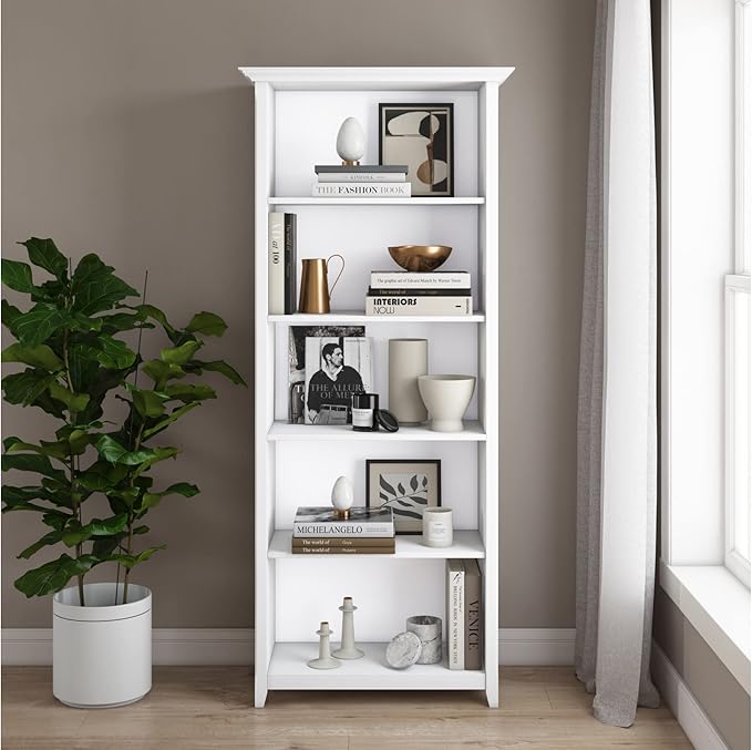 SIMPLIHOME Amherst Bookcase - 70 inch Tall 5-Shelf Solid Wood Bookshelf in White, Transitional Storage for Living Room, Study Room or Office with Adjustable Shelves and Tapered Legs