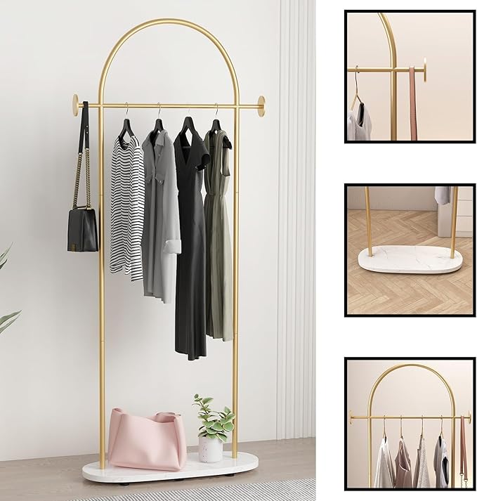Gold Clothing Rack, Modern Clothes Rack with Shelf, Heavy Duty Freestanding Coat Rack, Metal Coat Hanger Stand with Hooks for Boutique Office
