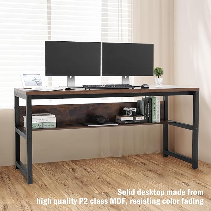 TOPSKY Computer Desk with Bookshelf/Metal Hole Cable Cover 1.18" Thick Desk (Oak Brown, 63")