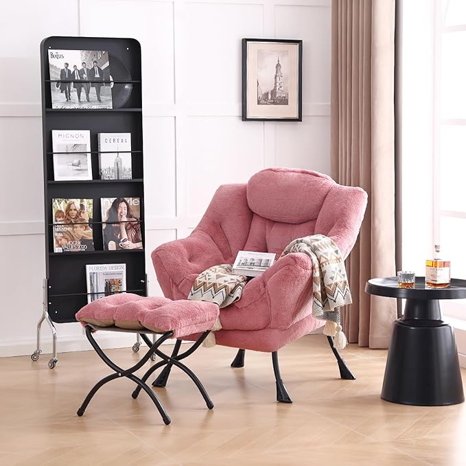 LITA Lazy Chair with Ottoman, Modern Accent Leisure Upholstered Sofa Chair, Lounge Reading Chair with Armrests and a Side Pocket for Living Room, Bedroom & Small Space, Plush Dark Pink