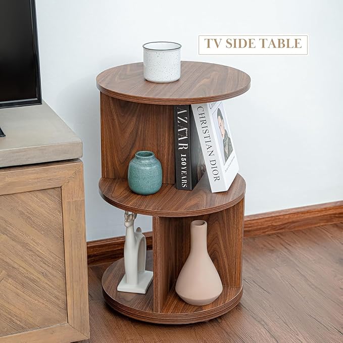 KAYMILY Living Room Side Table, Office Round Rotating End Table, Bedroom Mid Century Modern Nightstands, Contemporary Accent Tables - Easy Assembly - MDF Wood - Revolving - Walnut