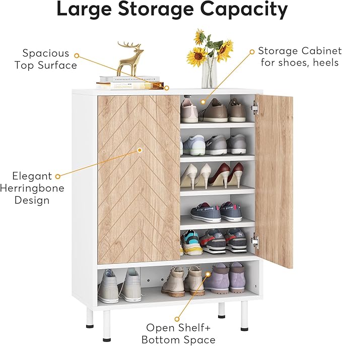 Tribesigns Shoe Cabinet, 18 Pair Rack Organizer Cabinet with Door, 6-Tier Modern Storage Shelves for Entryway Hallway Closet, White and Brown