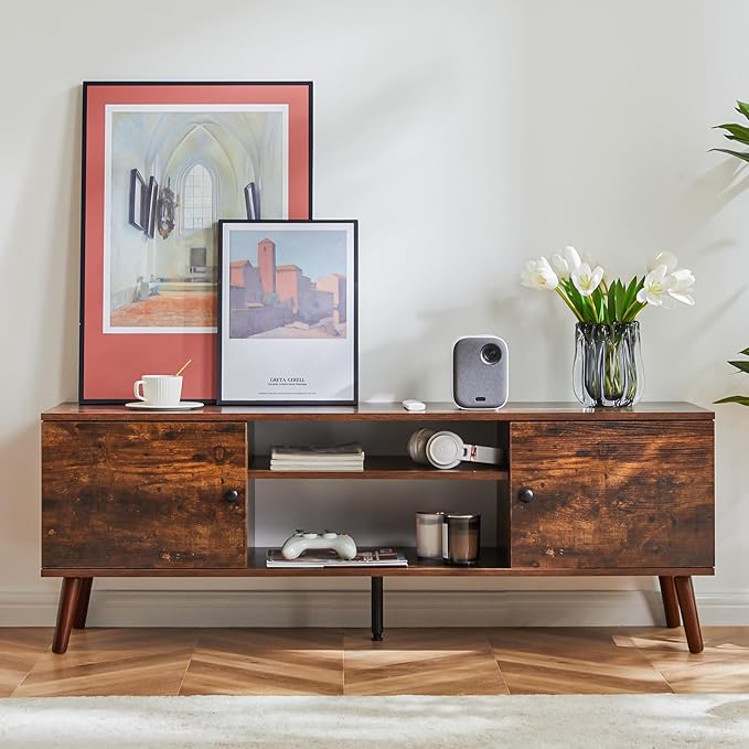 DUMOS TV Stand for 55 60 inch TV, Entertainment Center with Storage Cabinet, Mid Century Modern Media Console Table, Adjustable Hinge, Wooden Television Furniture for Living Room, Office