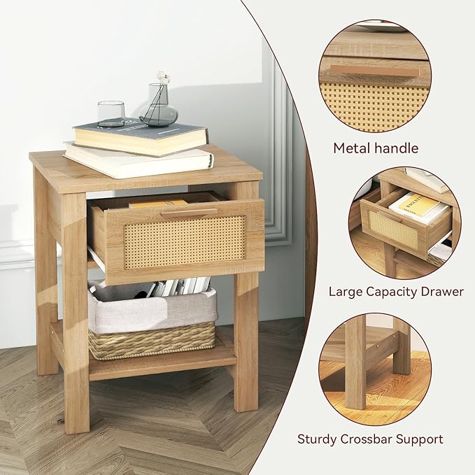 IBUYKE Rattan Nightstand, Boho Night Stand with Drawer, Wood Bedside Tables with Storage Shelf, End Table with Legs for Bedroom, Natural UWNS011N