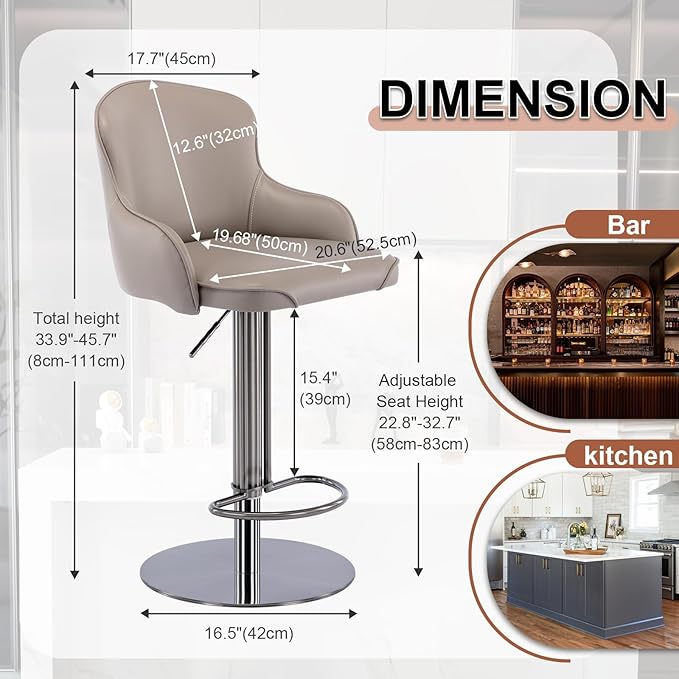 Black Titanium Stainless Steel Bar Stools,Grade Modern Leather Bar Chair with Backrest,Swivel Adjustable Height for Kitchen Counter and Dining Room (Grey leather-1pc)