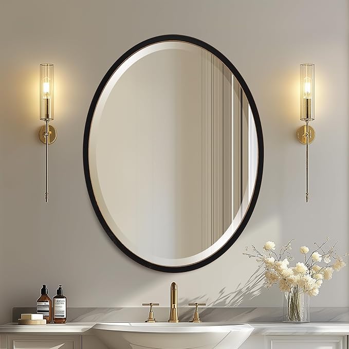 OVALCREST - Oval Wooden Beveled Wall Mirror for Home Decor, Bathroom, Vanity, Bedroom, Living Room, Hallway - London Style (Rubbed Black) 21.1 x 31.1