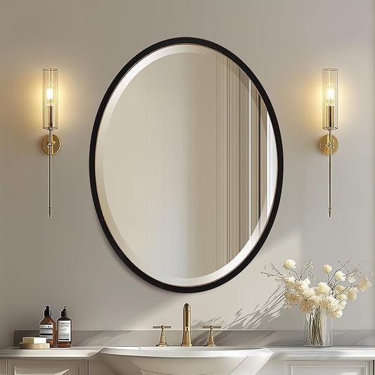 OVALCREST - Oval Wooden Beveled Wall Mirror for Home Decor, Bathroom, Vanity, Bedroom, Living Room, Hallway - London Style (Rubbed Black) 25.1 x 31.1