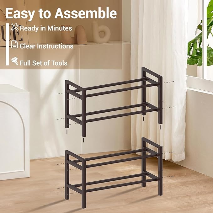 Haddockway Bamboo Shoe Rack for Closet, Free Standing Shoe Organizer with Smooth Round Rods & Convenient Handles, Stackable Shoe Storage Shelf for Entryway, Hallway(Brown, 4-Tier(Small))