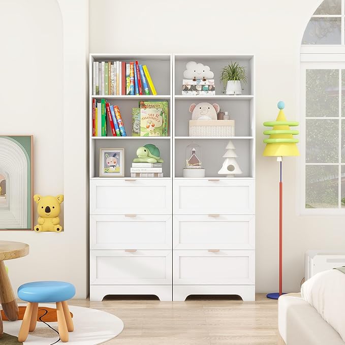 71" Tall Modern White Bookshelf with Storage 3 Drawers Freestanding Display Bookcase, Tall Book Shelf with Organizers and Storage, Display case for Home Office, Living Room,Study,White