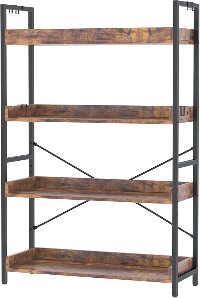 HCHQHS 4 Tier Bookshelf, Adjustable Industrial Bookcase, Vertical Tall Book Shelf, Wood and Black Metal Open Bookshelves for Home Office, Living Room, Bedroom