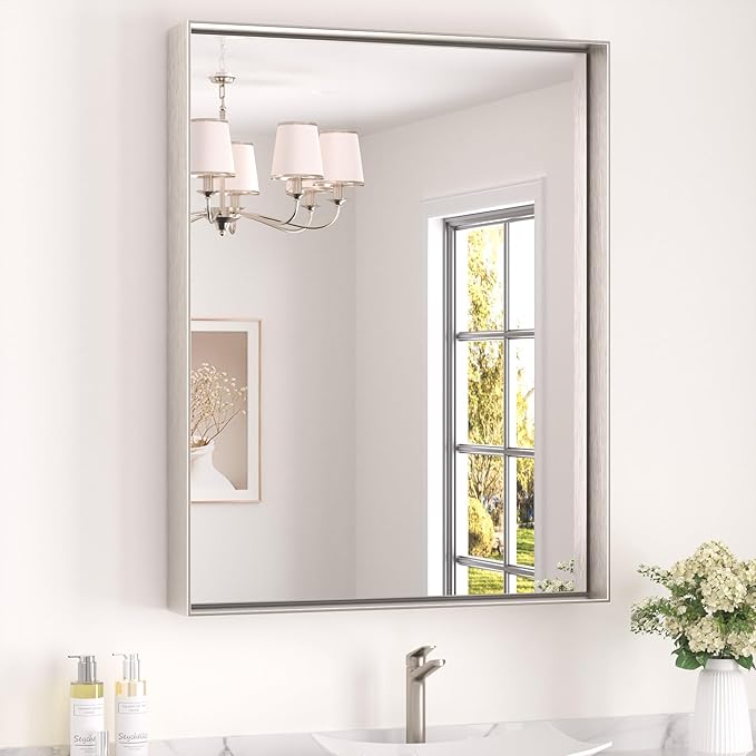 Keonjinn Brushed Nickel Bathroom Mirror for Wall 28 x 36 in, Rectangular Metal Framed Silver Mirror for Vanity Square Corner Aluminum Alloy Rectangle Modern Mirror for Over Sink(Horizontal/Vertical)