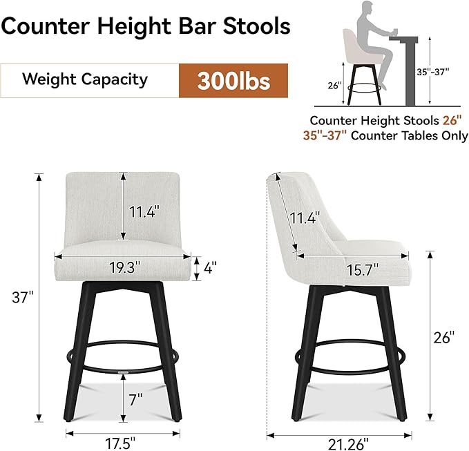 Counter Height Bar Stools Set of 8, Modern Swivel Barstools with Back and Wood Legs, Linen Fabric Upholstered Bar Chairs, 26" H Kitchen Counter Stools, Kitchen Island Home Bar, Ivory