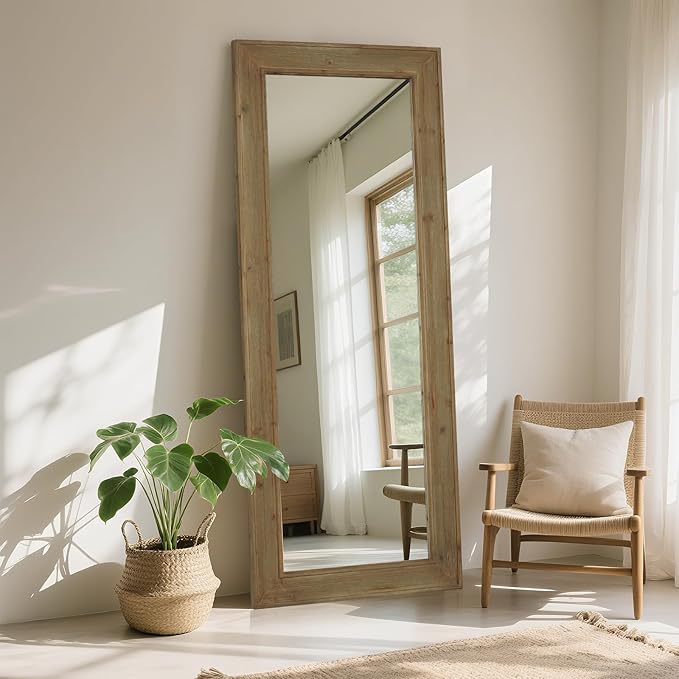 WallBeyond Full Length Mirror Rustic Wood Framed, 27 x 67 inch Farmhouse Wall Mounted Mirror Full Floor Mirror Hanging or Leaning Against Wall, Natural